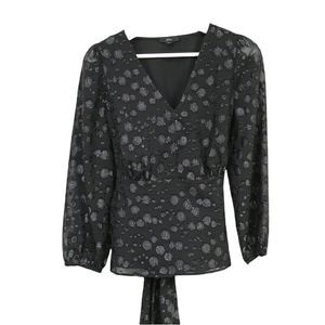 J.crew black metallic polka dot v neck blouse with decorative tie XS